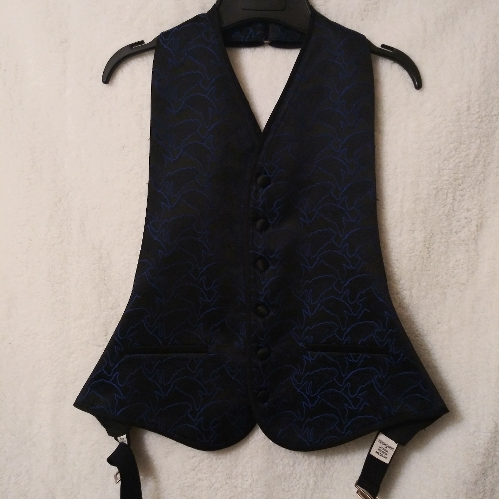Satin Black and Blue Adjustable Tuxedo Vest Size M